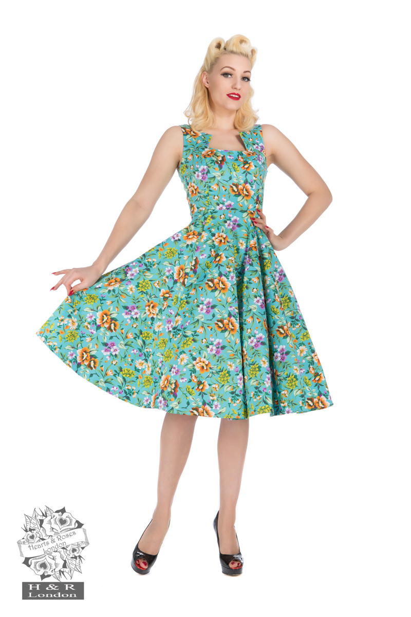 Turquoise Ella Floral Swing Dress - Hearts & Roses London