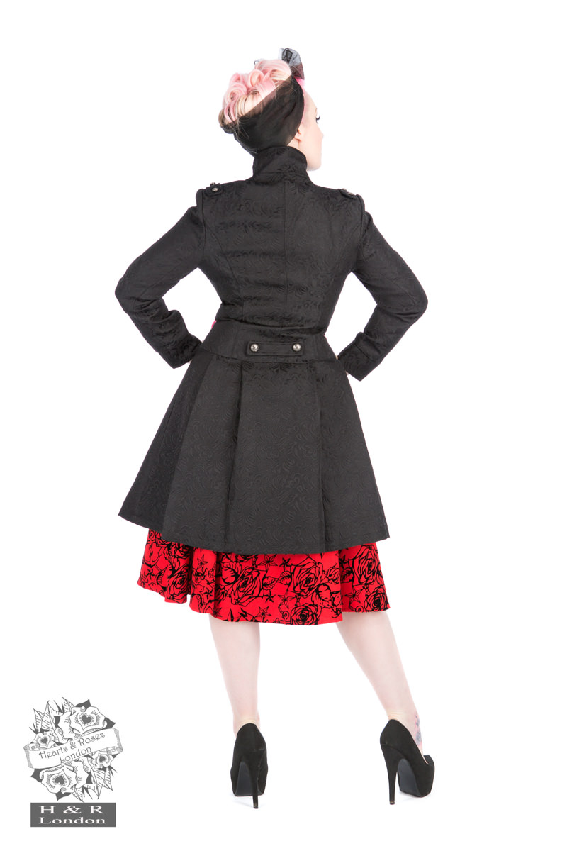 Black Brocade Trench Coat in Black - Hearts & Roses London