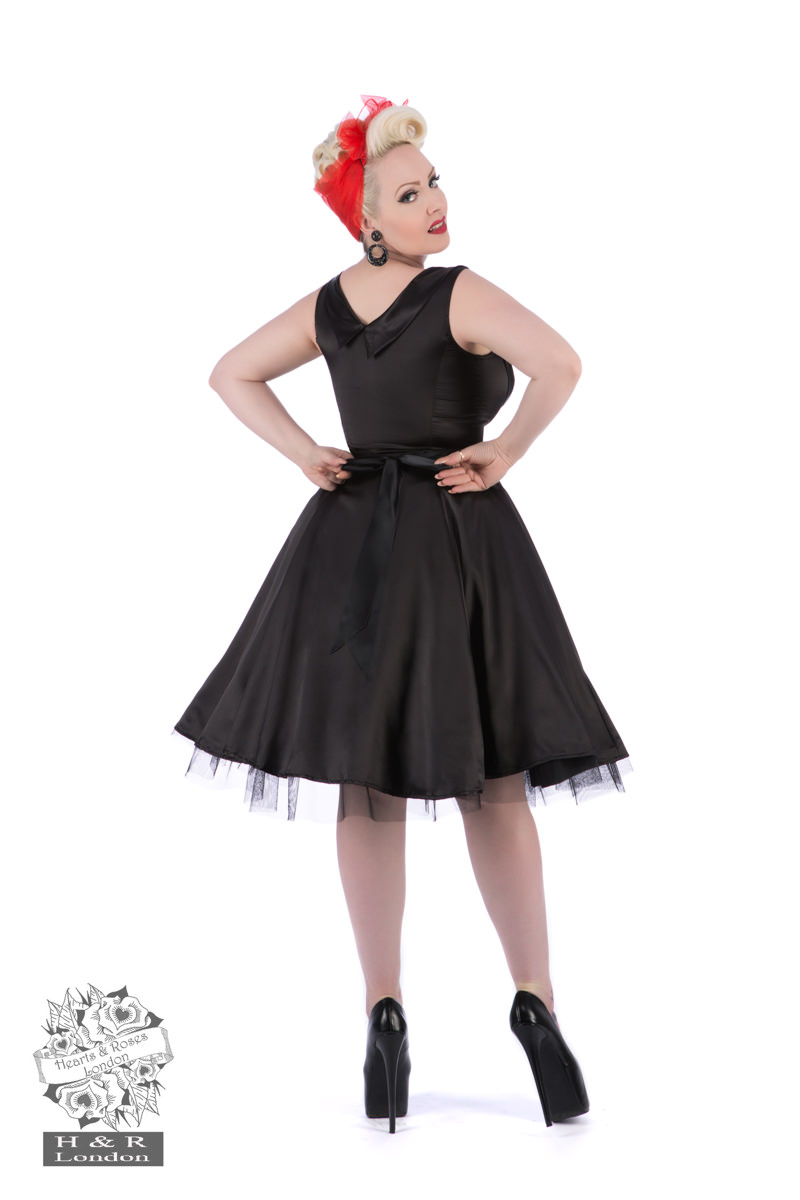 Black Satin 50s Prom Swing Dress in Black - Hearts & Roses London