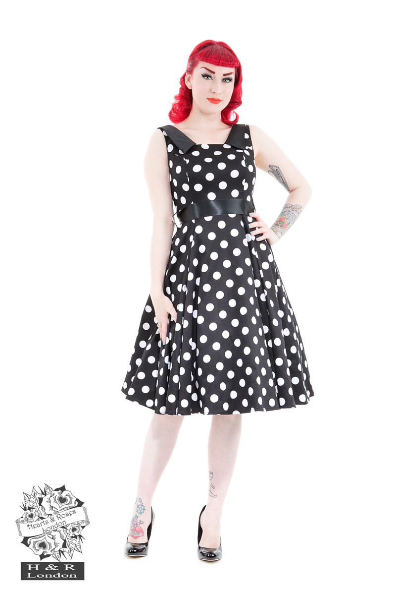 Playful Polka Dot Hepburn Dress in Black/White - Hearts & Roses London