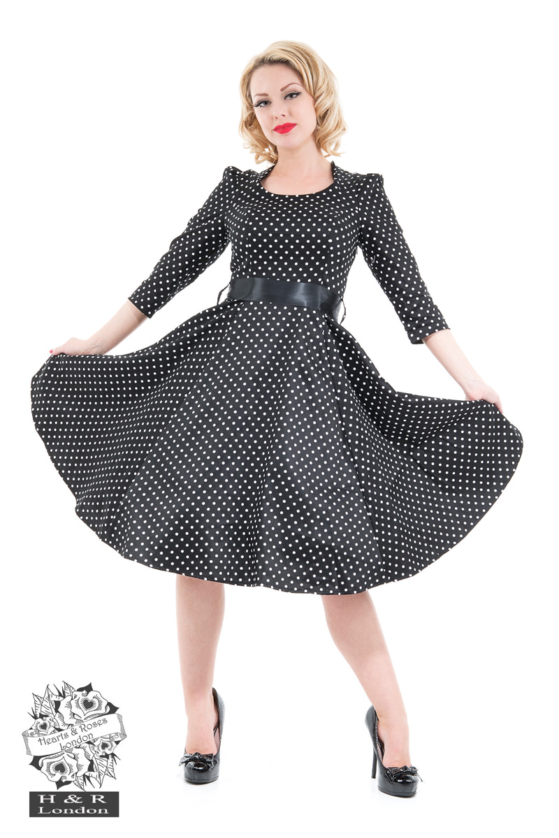 Veronica Black White Polka Dot 3/4 Sleeves Dress - Hearts & Roses London