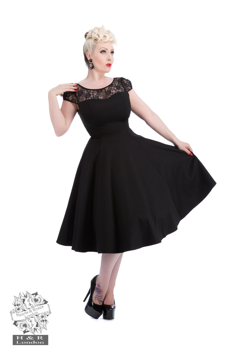 Black Mesh Lace Swing Dress in Black - Hearts & Roses London