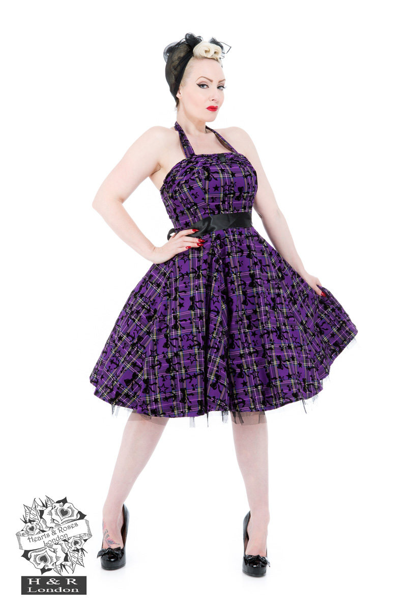 Kiara Purple Tartan Flocked Halterneck Dress - Hearts & Roses London