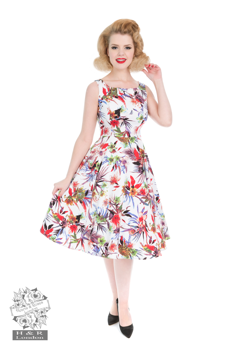 50s Lily Floral Dress in white - Hearts & Roses London