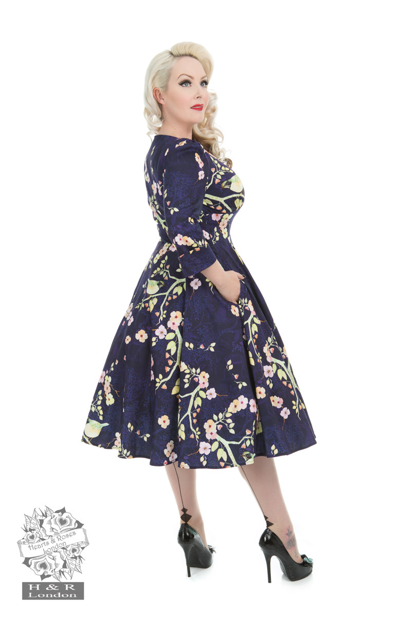 The Nightingale Bird Dress in Navy - Hearts & Roses London