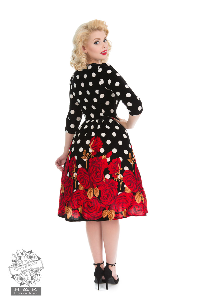 Red Roses Velvet Dress in Black - Hearts & Roses London