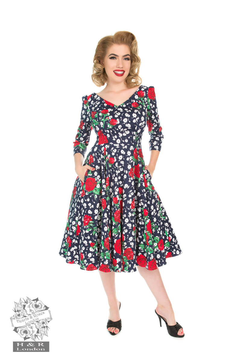 Abigail Floral Dress in Navy - Hearts & Roses London