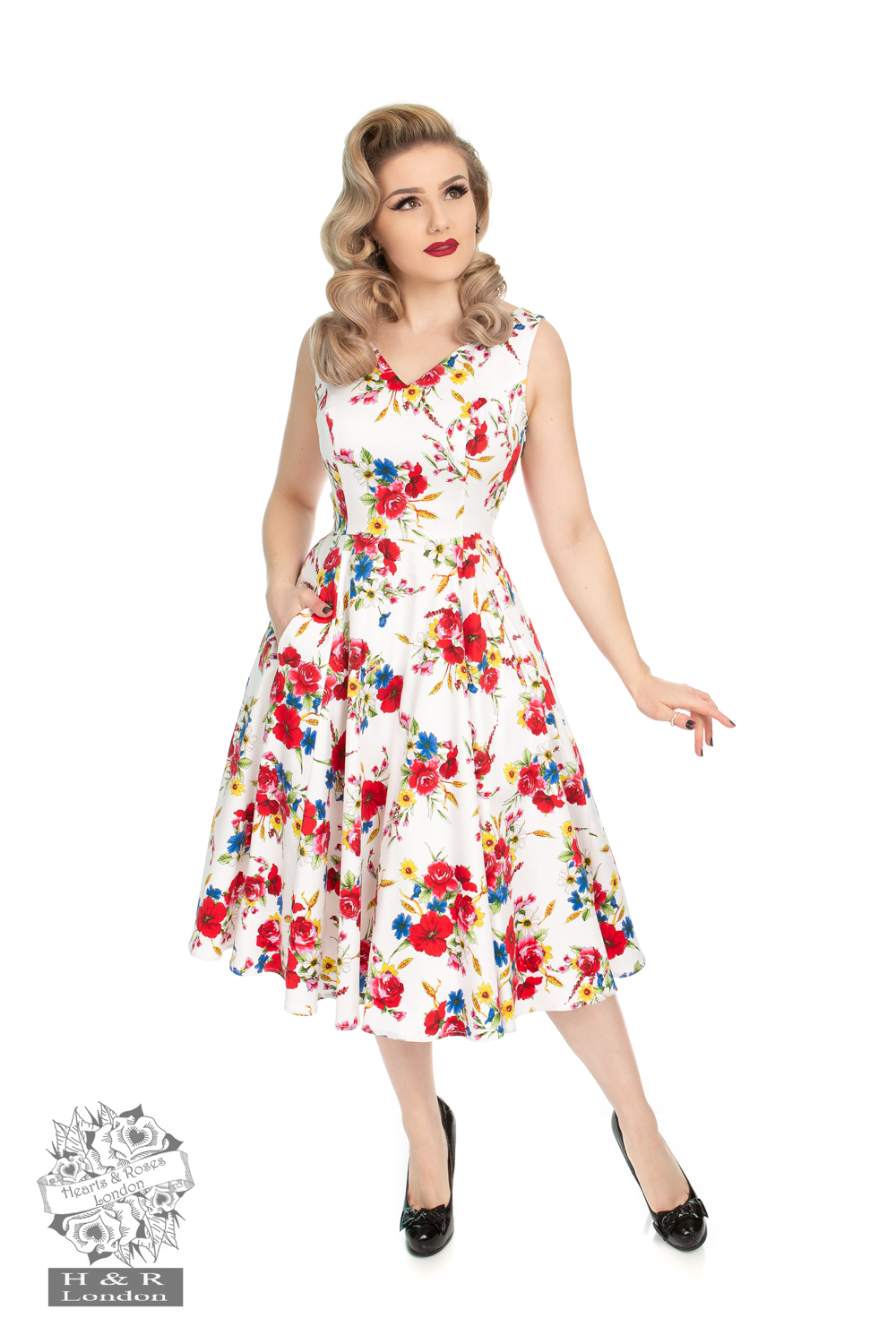Camellia Floral Swing Dress in white - Hearts & Roses London