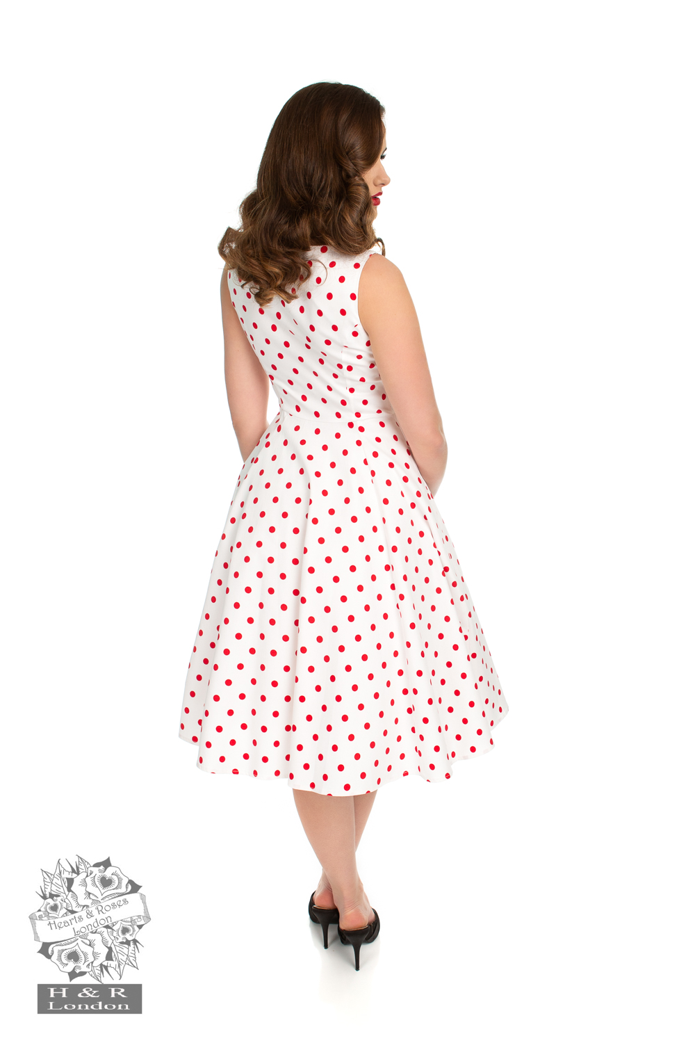 Cindy Polka Dot Swing Dress in White in White/Red - Hearts & Roses London