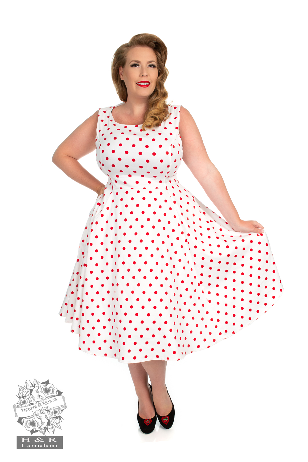 Cindy Polka Dot Swing Dress in White in White/Red - Hearts & Roses London