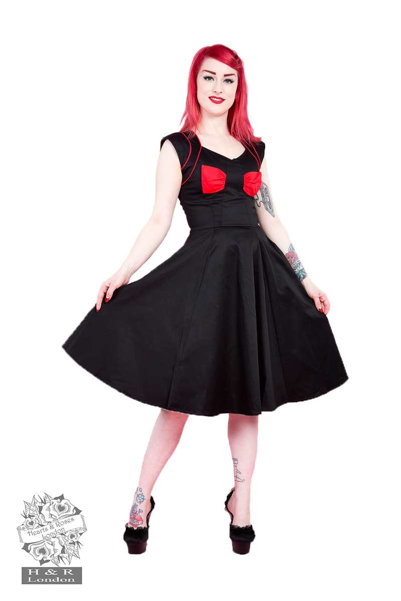 Black Red Bow Lady Hepburn Dress in Black/Red - Hearts & Roses London