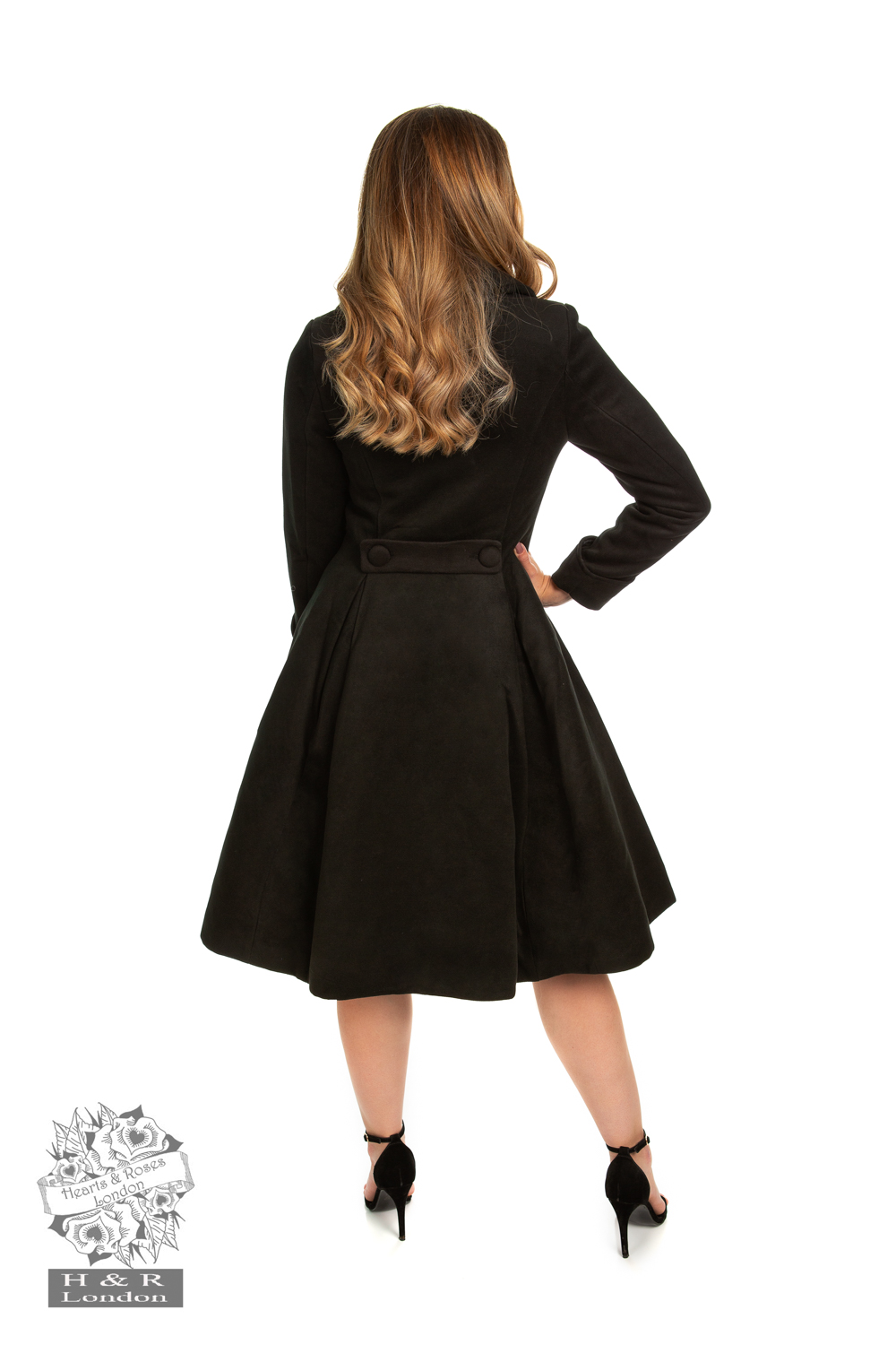 Eleanor Swing Coat in Black in Black - Hearts & Roses London