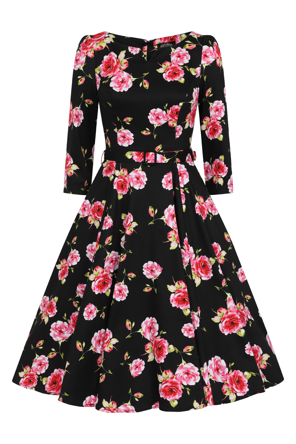 Ava Floral Swing Dress in Black/Pink - Hearts & Roses London